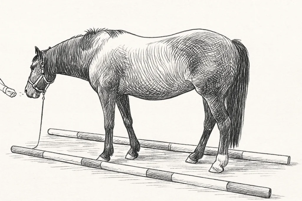 Line drawing of clicker training a horse stood between two poles.