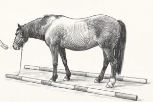 Line drawing of clicker training a horse stood between two poles.